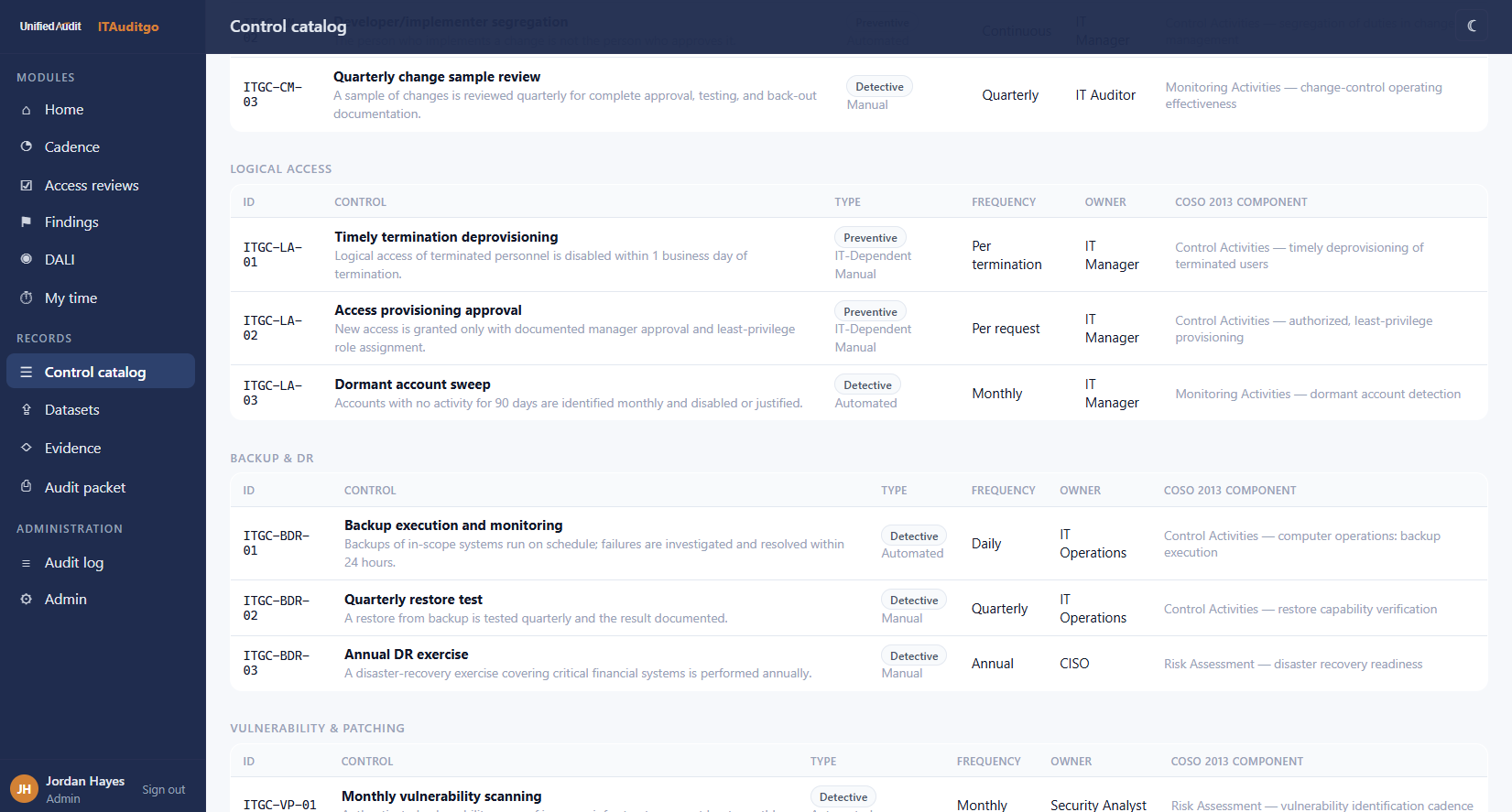 ITGC control catalog with COSO 2013 component mapping